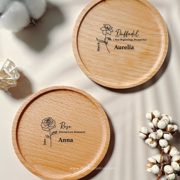 Customised Wood Coasters [Birth Flower Series]